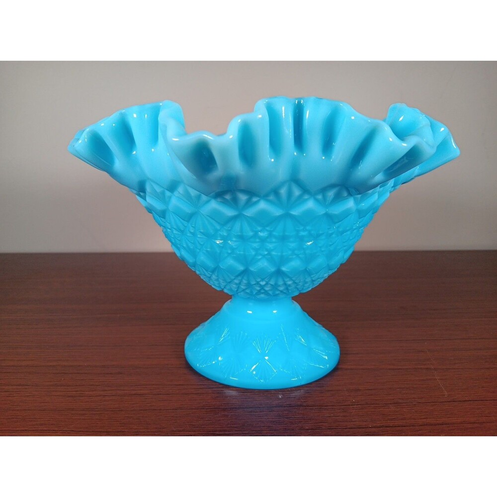 1960s Fenton Pedestal Bowl Blue Opaline Old Virginia Glass Diamond And Fan EUC